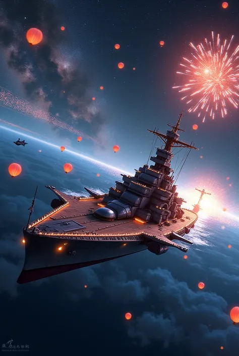  A small battleship flickers with colorful little lanterns，In the Milky Way background with a New Years Day atmosphere ，, there are many fireworks and ballistic traces of shuttles in the background 