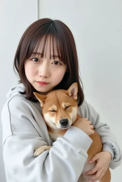 masterpiece, 4K, Bokeh, (Cute:1.5), ( beautiful girl:1.3), ( Japanese idol :1.6), ( dog ear:1.3) , ( white hoodie:1.3),  (I love Shiba Inus :1.6),  blushed,  cowboy shot , ( hug cute sleeping Shiba Inus :1.5), ( closes the eye:1.3), ( white background  :1....