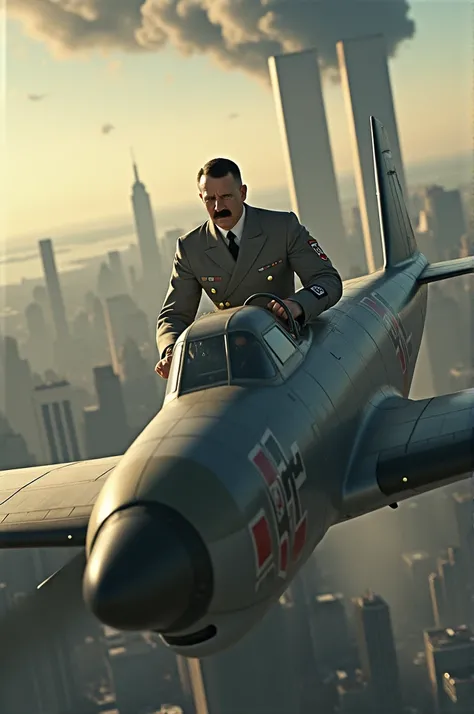 A pumped up Adolf Hitler flies by plane to the Twin Towers