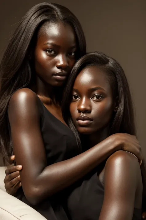 a detailed portrait of two beautiful teenage girls with dark skin, ajak deng,caught hugging, réaliste, fille, skinny flat chested fille, belle bouche, bouche concentrée, sexy, lécher, ebony, yeux noir profond vif, orgasme, les yeux sont légèrement ouverts,...