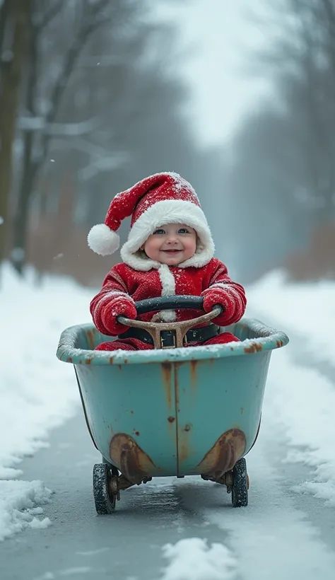 A baby dressed as Santa Claus driving an old bathtub gliding on ice on a snowy road