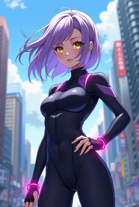 Boku no hero girl, light purple hair, yellow eyes 