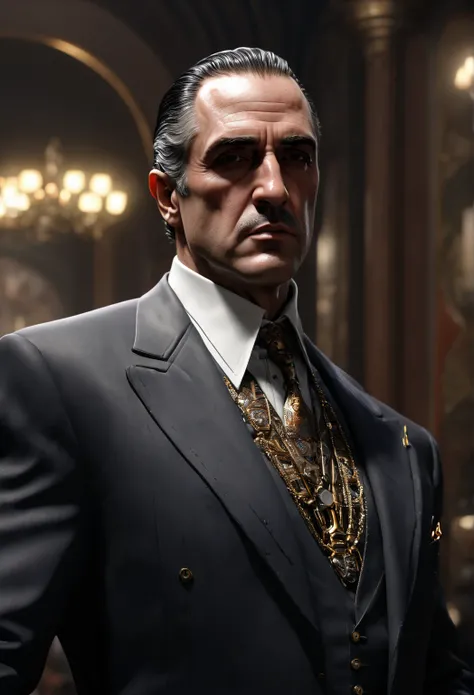  Mike Corleone  "Godfather "  cyborg , Robot body, Improve, elaborate, ( top quality , masterpiece,  representative work , Official Art, Professional ,  Unity 8k Wallpaper:1.3), Auction house, At the Elf Slave Exchange ,  At the Elf Slave Exchange