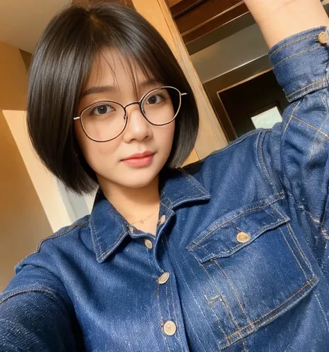 1girl, age 18 years, High Resolution, short Hair, Black Hair, wearing blue jeans, a red checked shirt, wearing a black hijab, Breasts, wear glasses, selfie, Full body, Blush, 