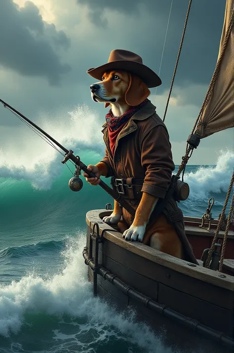 Make me a picture of a beagle dressed as an outlaw on the sea fishing on the bow of the boat with waves crashing in the background 