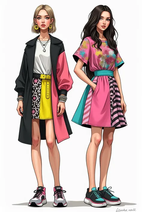  Create several full-length sketches of girls,  design inspired by the “City Art Gallery” theme and contemporary art for summer.  Clothing should be stylish and modern ,  with an emphasis on abstract elements ,  accessories such as asymmetric lines , graph...