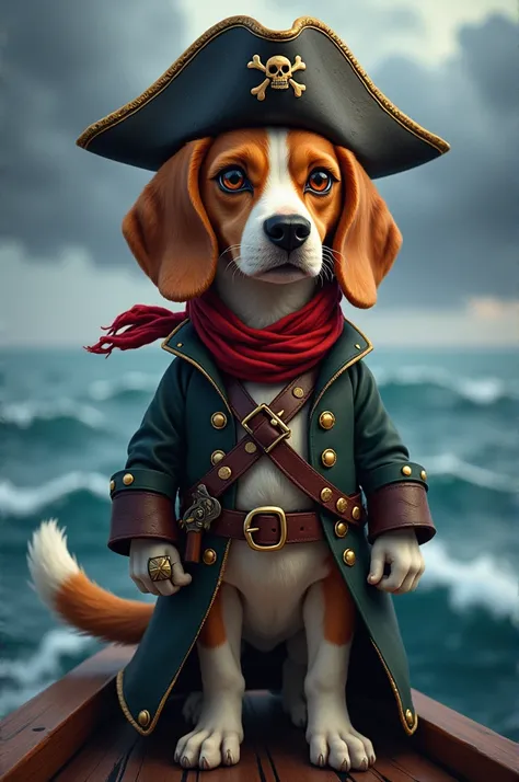 Imagine a beagle standing confidently at the bow of a pirate ship, the wind rustling through its brown and white fur. The beagle’s eyes gleam with a mischievous yet determined look, its ears flapping in the wind. It’s dressed in a tiny, weathered leather t...