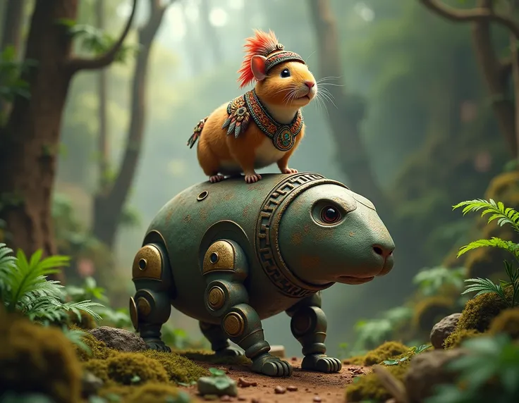 in a forest, a guinea pig, dressed as an inca, standing on a robot, made of stone
