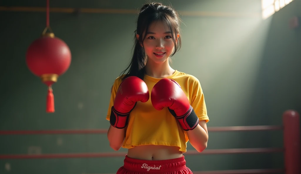  a beautiful vietnamese girl ,  black hair ponytail with yellow shirt short red shorts sport exposing her muscular back wearing red boxing gloves, gym background ,  there is a hanging samsak ,  rays from outside highlighting object , spotlight