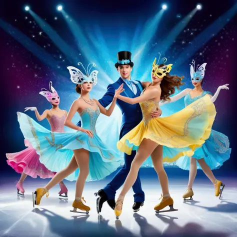 (effect of Musical staves and notes appear flowing on the screen, Lively and colorful music staves and notes flowing). Ice show, skating rink, Wear it Figure Skating Shoes. A dynamic pose, Dynamic movement, dancing on ice, Masquerade Ball, A masquerade on ...