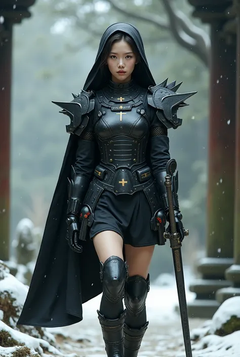 Highest quality、masterpiece、超High resolution、(Photorealistic:1.4)、RAW Photos、long distance shot of The beautiful (Korean) lady nun with (hairstyle), and nun-hair veil. Dressing in (black and white) heavy mecha-nun dress armor. short pants, and boot shoes, ...