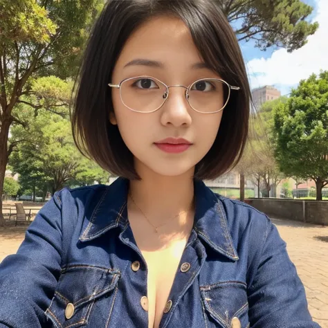 1girl, age 18 years, short Hair, Black Hair, wearing blue jeans, a red checked shirt, wearing a black hijab, Breasts, wear glasses, selfie, Full body, Blush, park background