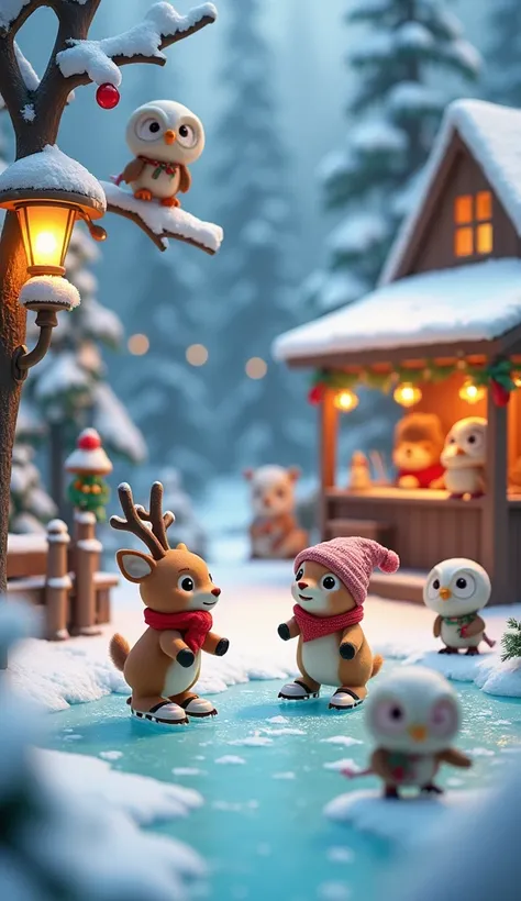 "A snowy outdoor scene in a whimsical woodland village. A family of deer characters, styled like Sylvanian Families, are ice-skating on a frozen pond surrounded by snow-laden trees. The youngest deer, wearing a red scarf and a knit hat, slips and falls wit...