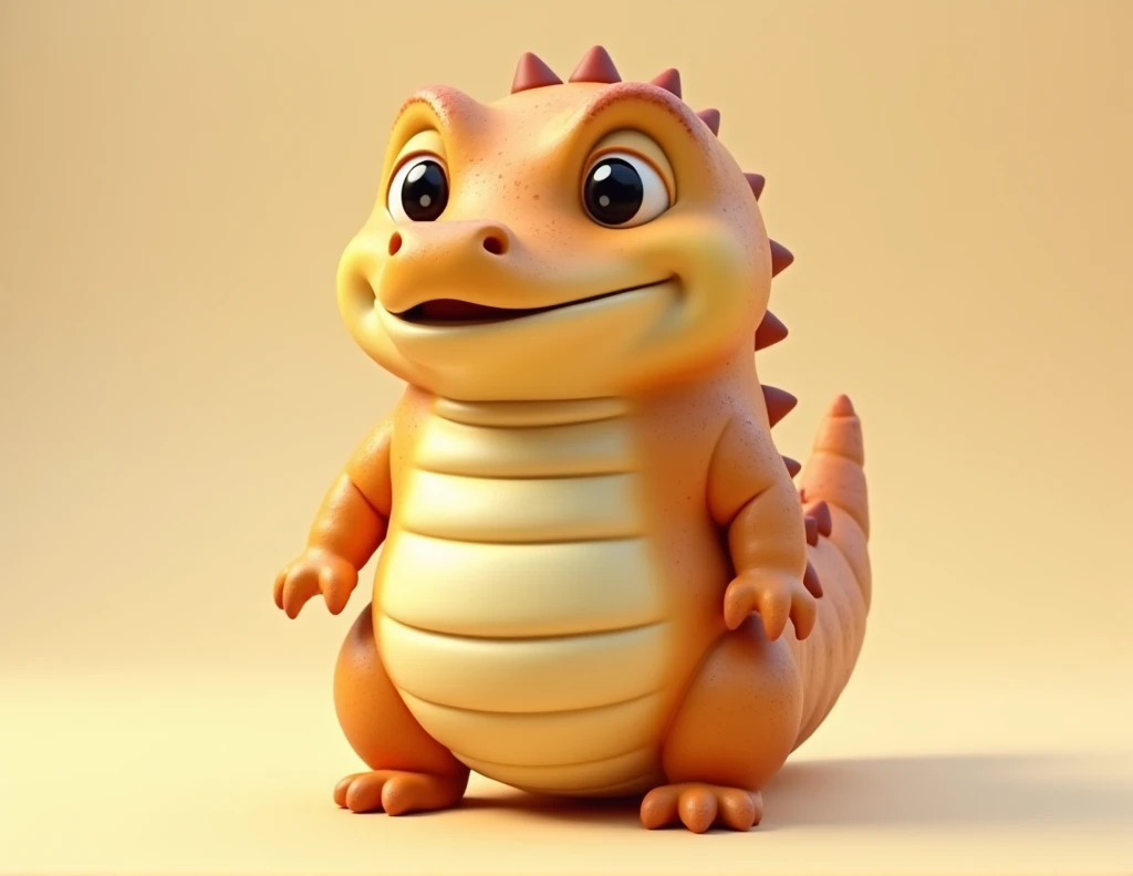 A cute tiny crocodile, his body is made out of bread, has bread texture skin, he is chubby, he has big chubby cheeks, has round belly, has short snout, stands upright, no spike