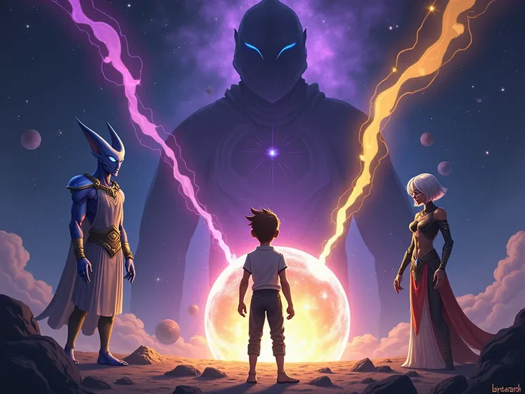 A futuristic, otherworldly scene in deep space, where a human hero named Lucas stands before a glowing, pulsating crystal known as the "Essence of Cycles." He is surrounded by alien companions: a towering, wise creature with shimmering blue skin named Kalr...