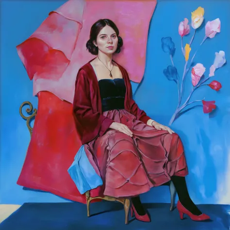 score_9, score_8_up, score_7_up, rating_safe, pictorial, traditional media, realistic, 1 girl, One, painting of a woman sitting on a chair with a red cardigan, clothed not nude portrait, 3/4 view, full portrait