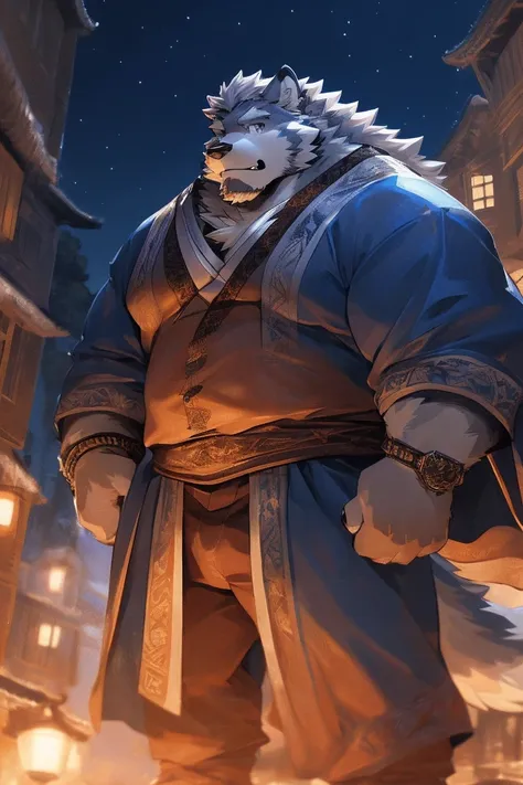  human nature , animal world, Male,3，youth， Lonely, ((round face,  rounded face ,grey eyes, thick light gray hair )), ((Endocrine,  handsome，cold)),（ Wears a blunt iron sword on his waist） blue and white robe ， ((domestic wolf, Wolf Orc，) hairy fur, hairy)...