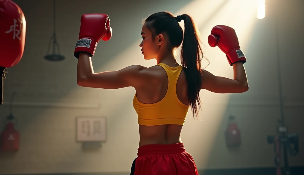  a beautiful Vietnamese muscular girl ,  dark hair ponytail with yellow sportbra red shorts sports shorts exposing her muscular biceps and back wearing red boxing gloves, raised both hands , gym background ,  there is a hanging samsak ,  rays from outside ...