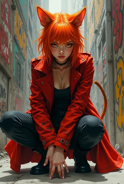 Une fille aux traits félins, accroupie dans une pose mystérieuse, avec des cheveux roux et orange fluo vibrant comme des flammes, des yeux dambre brillants, portant un manteau dhiver rouge audacieux à motifs de graffitis, un haut noir élégant et un pantalo...