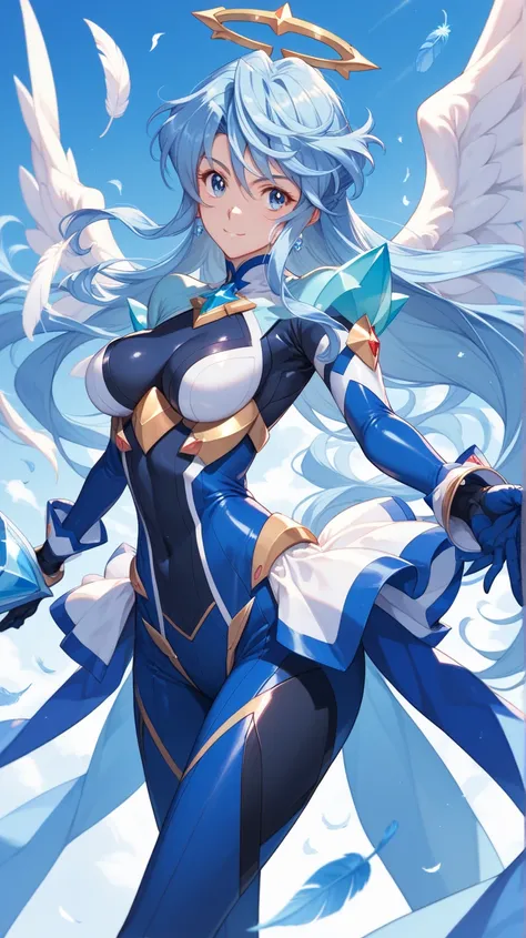  Symphogear and Super High War ，woman， Tsubasa Kazunari and Ellis Xillia，Blue hair color， long hair， blue eyes， Goddess Cybersuit ，Amaha々 Kan no Cybersuit，Blue Wing Feather ，Angel，