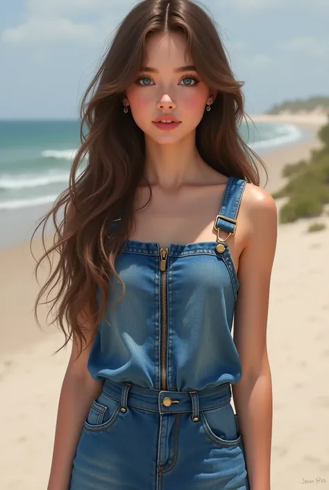 Realistic full body picture of a beautiful caucasian girl, brunette, with long hair, in a sleeveless denim jumpersuit with zip tie on the back