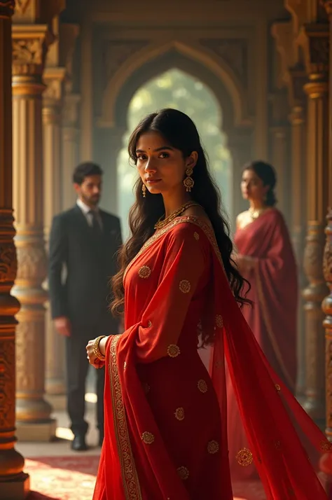 
A Bengali girl wearing a red saree is standing in a huge house, behind her is a man and another beautiful woman.