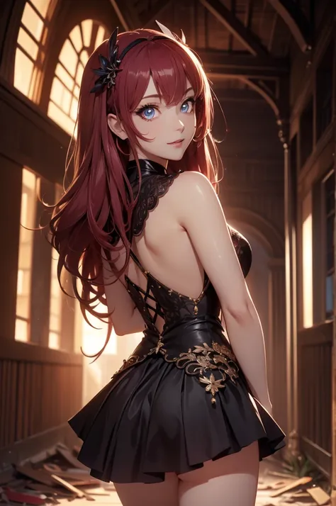 ((best quality)), (( Masterpiece)), (detailed), (4k), (8K), 1girl, Beautiful anime girl,  beautiful face ,  shiny skin and face , make-up,  smiling,  big, aesthetic eyes , ( bright eyes ),  intimidating look, aesthetic hands,  detailed hair , dark dress, m...