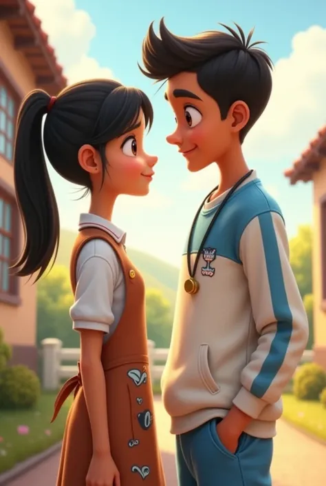  I need you to generate an image of a couple of teachers in Pixar style or similar under the following details
1.  the background must be from a school in the rural area
2 .  the girl who teaches boys must have tan skin  ,  with delicate baby pink agate le...