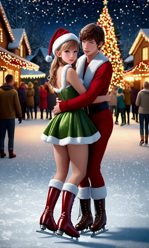 a cute woman, 25 years old, gorgeous woman, sexy Christmas elf outfit, ice skates, friendly, pointy ears, large sparkling eyes, ice skate dancing with other elves, frozen lake, Christmas Ice skate Dance, moonlit, sparkles, (best quality,4k,8k,highres,maste...