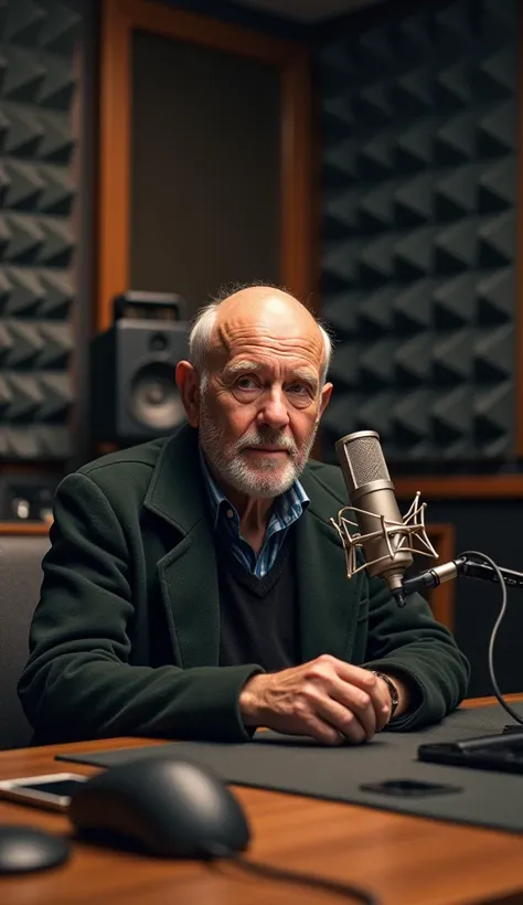  an elderly man with a bald forehead in a podcast studio,  with a professional microphone in front of . A professional studio , realistic scene