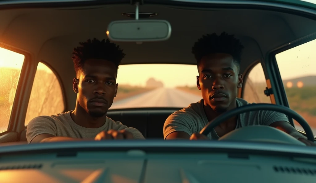 Full shot. 2 black men. Dark man short black hair tall and young black short hair. driving the old car. cinematic. dramatic lighting