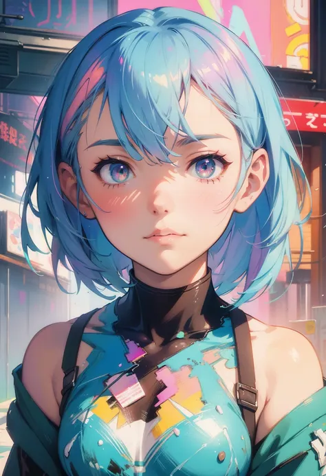 1Character, Painterly, Palette Knife Painting, Photorealism Style, GlitchCore, Animation, by P.A.Works, Artgerm, Greg Rutkowski, WLOP, Film Grain, Glitch, Instagram, Pastel color tones, Pastel Color in background