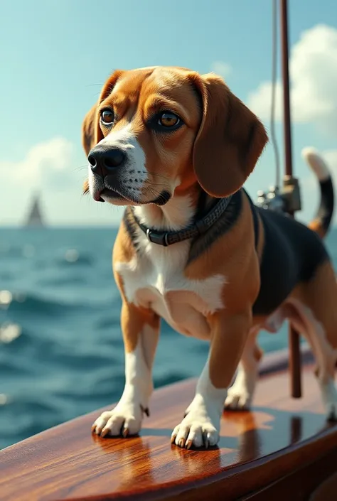 A rugged, weathered, manic looking beagle fishing on the bow of a yacht 