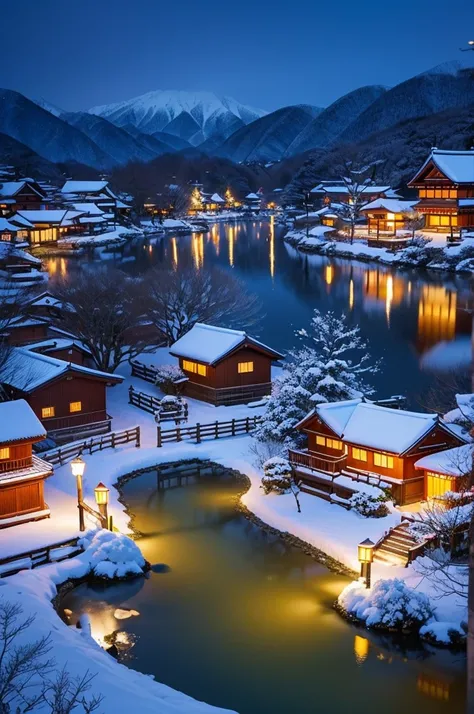 snowy landscape with colorfully lit houses and ponds, Japan at night, Japanese village, fantastic village, winter landscape, Japanese nature, Japan deep travel, night landscape, rural Japan, snowy landscape, vivid landscape of heroine Japan, rural Japan, J...