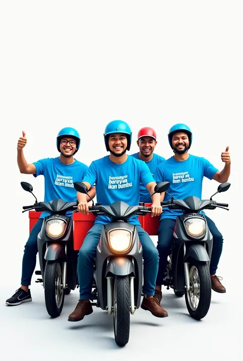 5 Indonesian men aged 35 years wearing blue t-shirt uniforms, clearly written on the t-shirts "BARAYA Ikan Bumbu" in cool letters. Everyone is wearing a helmet, sitting on a motorbike, behind the motorbike there is a delivery box, everyone is smiling while...