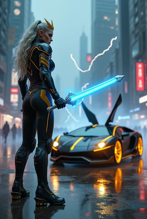 A stunning fusion of a regal British female warrior and the sleek design of a Lamborghini. The character stands in a dramatic face-off with a futuristic Lamborghini sports car on a neon-lit battlefield. The warrior wears high-tech armor featuring sharp, an...