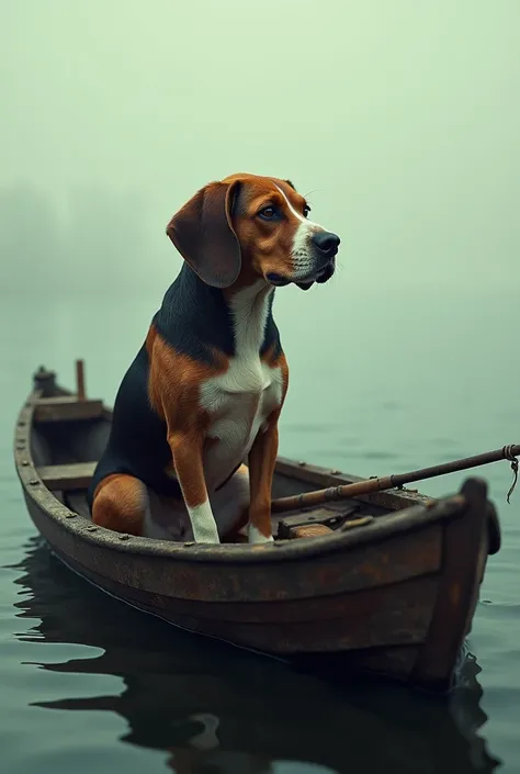 An outlaw, tough beagle fishing on a boat 