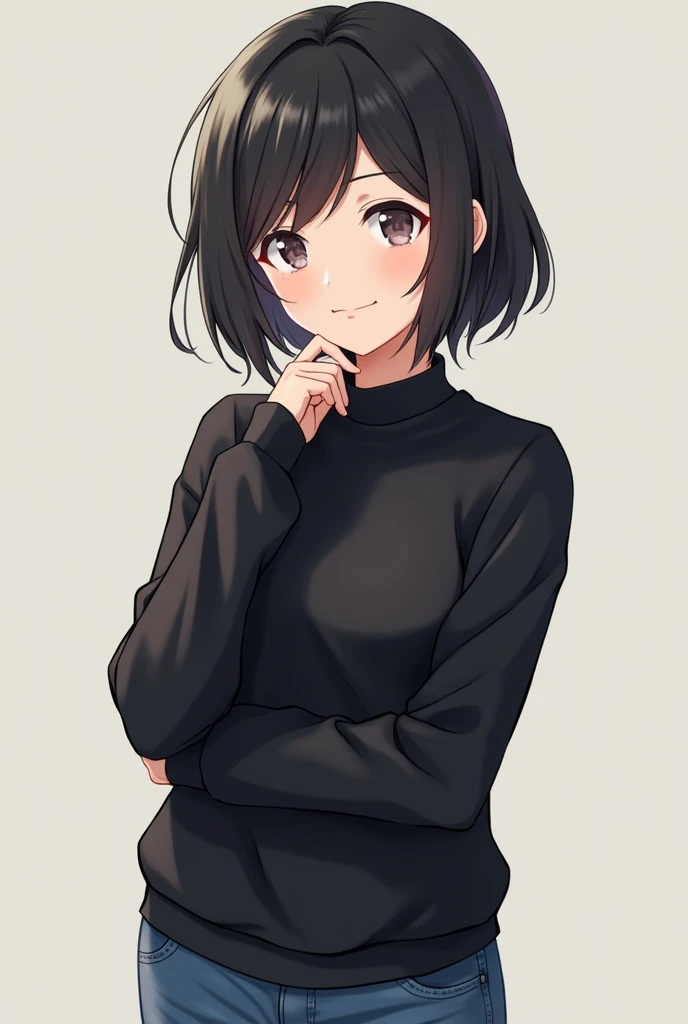  2D anime drawing of an 18 year old girl with short black hair, a black sweater ,  wearing Jeans, showing a calm smile 