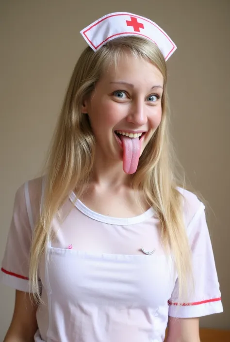 Portrait photo of a mashup with blond hair wearing a nurse costume, shows a long tongue