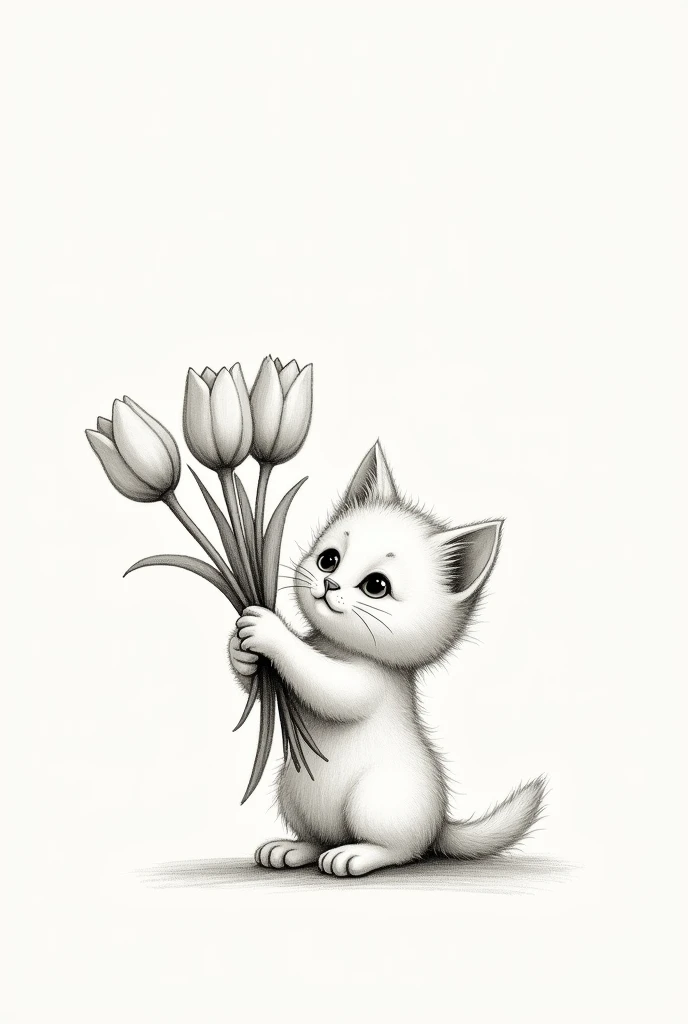 A kitten with a little hand giving tulips, in pencil