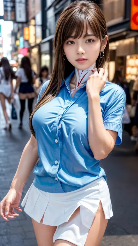  Masterpiece,Product quality,1 young and beautiful Japanese woman,well-proportion, cowboy shot ,Front View,Japanese Youth,20 years old,Harajuku,(  crowded streets  :1.2),(Stylish blue shirt:1.5),Stylish Bags,  fashion necklace  ,  stylish earrings ,((  whi...