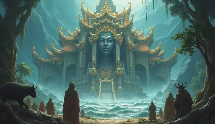 A high temple surrounded by floodwaters, with water reaching the deitys neck. Groups of villagers, ren, and animals are gathered in harmony inside the temple rooms, seeking refuge from the deluge.