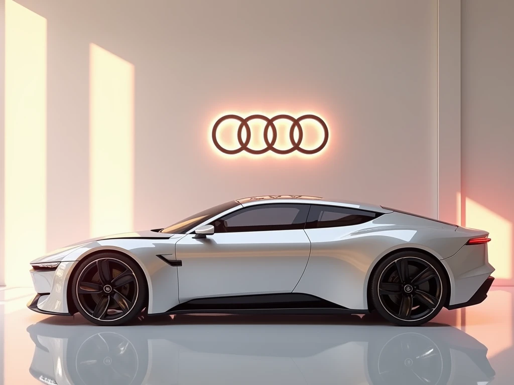 Create  High resolution glowing imagine of Audi 2025 of side stand in luxury modern white wall room car name and Logo displayed on background wall behind the car