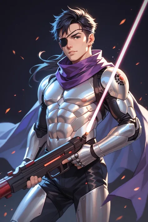 Create a Character Design image in Anime illustration style featuring a Japanese male character with black hair, wearing a black eye patch and a purple scarf. The character should be holding a small laser gun in their left hand, posed dynamically against a...