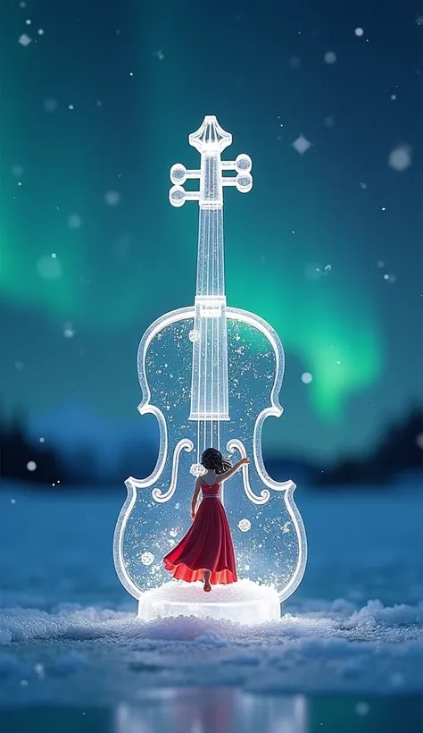 Superman and Batman in lego art, nightBeneath the aurora-lit sky, a giant crystal violin rests on a frozen lake, its translucent strings glowing faintly. Inside, a miniature woman in a flowing gown dances gracefully, her feet barely brushing the icy surfac...