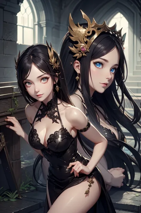 ((best quality)), (( Masterpiece)), (detailed), (4k), (8K), 1girl, Beautiful anime girl,  beautiful face ,  shiny skin and face , make-up,  smiling,  big, aesthetic eyes , ( bright eyes ),  intimidating look, aesthetic hands,  detailed hair , dark dress, m...