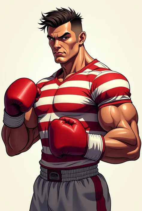 Strong boxer in a small shirt with horizontal red and white stripes by Peli Rubio