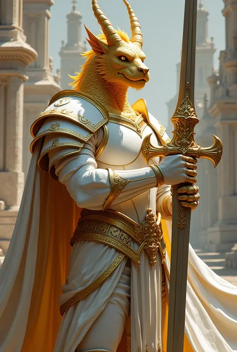 Human golden dragon male head, searius look, golden skin, golden scales, no wings, no tail, white full armor, no helmet, holy symbols on the armor, stand a little to the side, in the hand a holy greatsword, background outside church