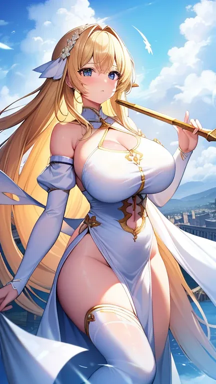 Outrageous resolution、​masterpiece++、top-quality++、ultra-definition++、ultra-definition++、4K++、8k++、from side、（Background Focus）++、（（1）））+++Sexy Clothes Woman Praises Colossal Blonde Angel Covered in White Cloth Playing Harp Over Clear Clouds On Battlefield...