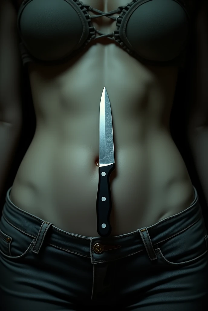 Close up of a young woman her skinny belly. On her belly lies a knife. Close up of bellybutton. View from top